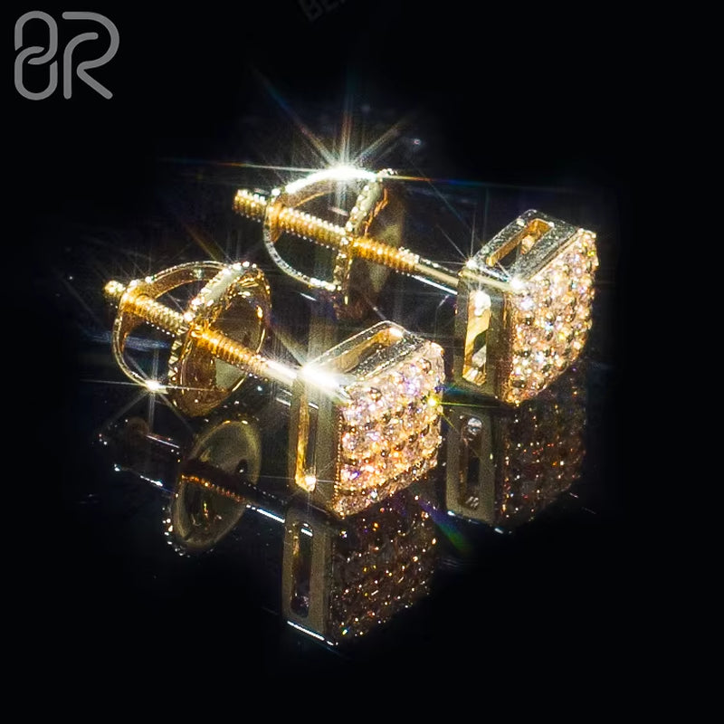Factory Wholesale Price 10K 14K 18K Solid Gold Silver Earrings Square Iced Out Vvs Moissanite round Cut Diamond Fine Jewelry
