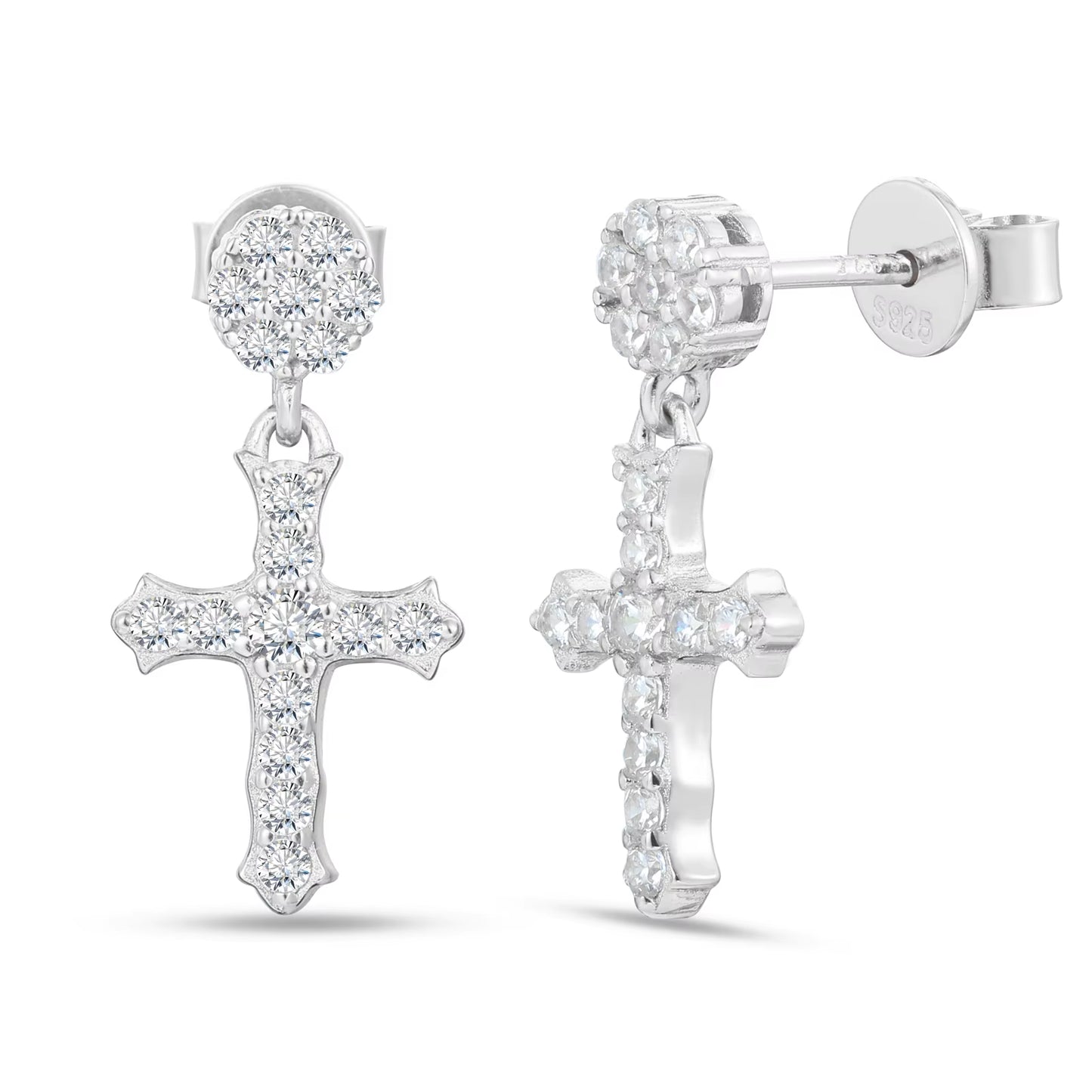 Push Back Ears 925 Silver VVS Moissanite Diamond Iced Out Cross Drop Earring with Flower Stud