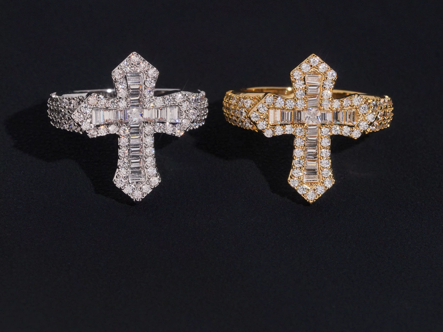 Cross Style Iced Out Baguette Moissanite Men Ring 925 Silver Plated Gold