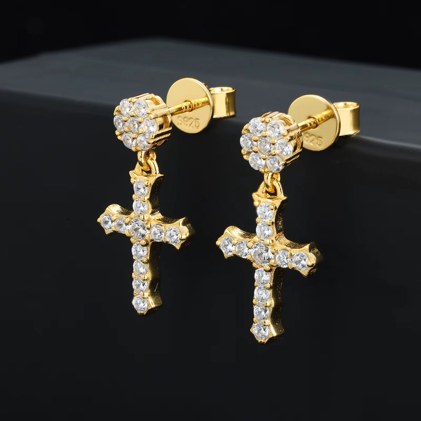 Push Back Ears 925 Silver VVS Moissanite Diamond Iced Out Cross Drop Earring with Flower Stud