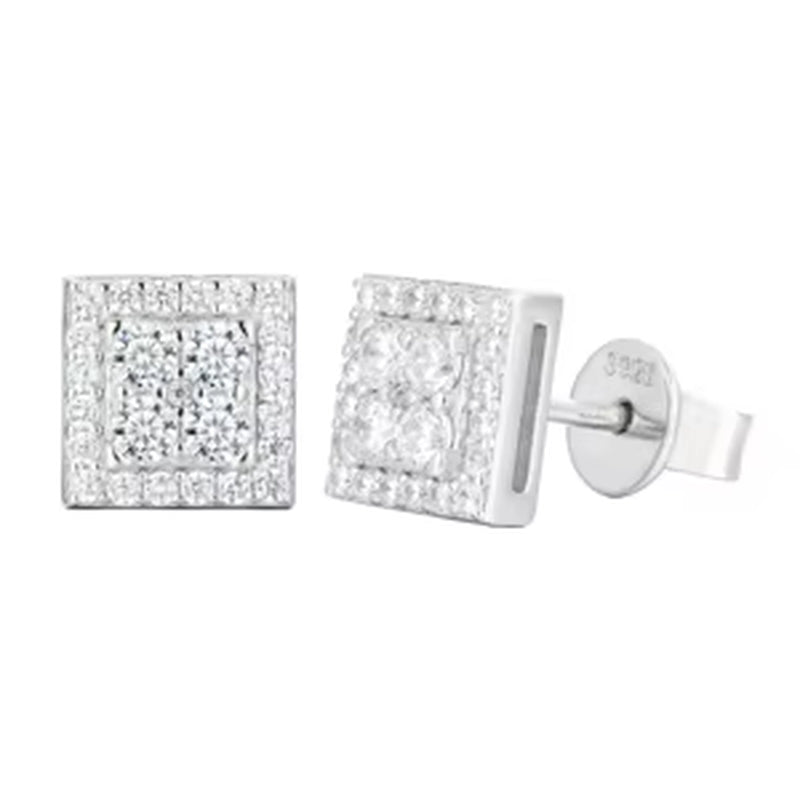 Luxury Geometric Gift Ear Jewelry 925 Sterling Silver Vvs Moissanite Diamond Iced Out Square Stud Earrings with Certificate