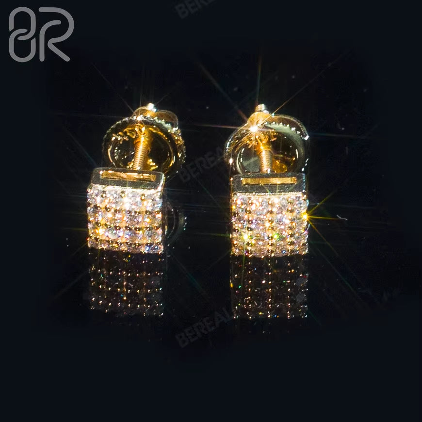 Factory Wholesale Price 10K 14K 18K Solid Gold Silver Earrings Square Iced Out Vvs Moissanite round Cut Diamond Fine Jewelry