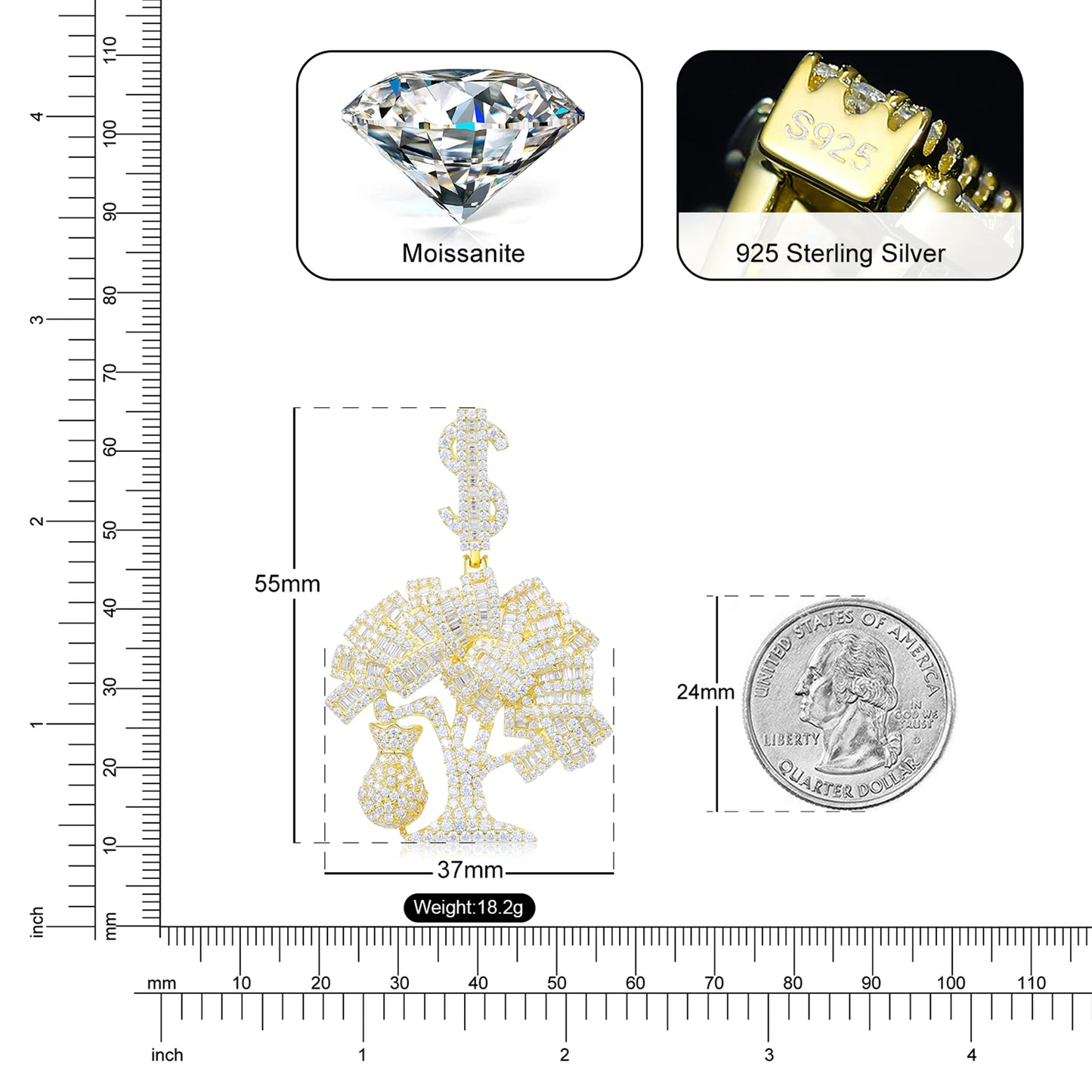 Dropshipping Hip Hop Mens 925 Sterling Silver VVS Baguette Moissanite Diamond Iced Out Dollar Tree Pendant with Money Bag Charm