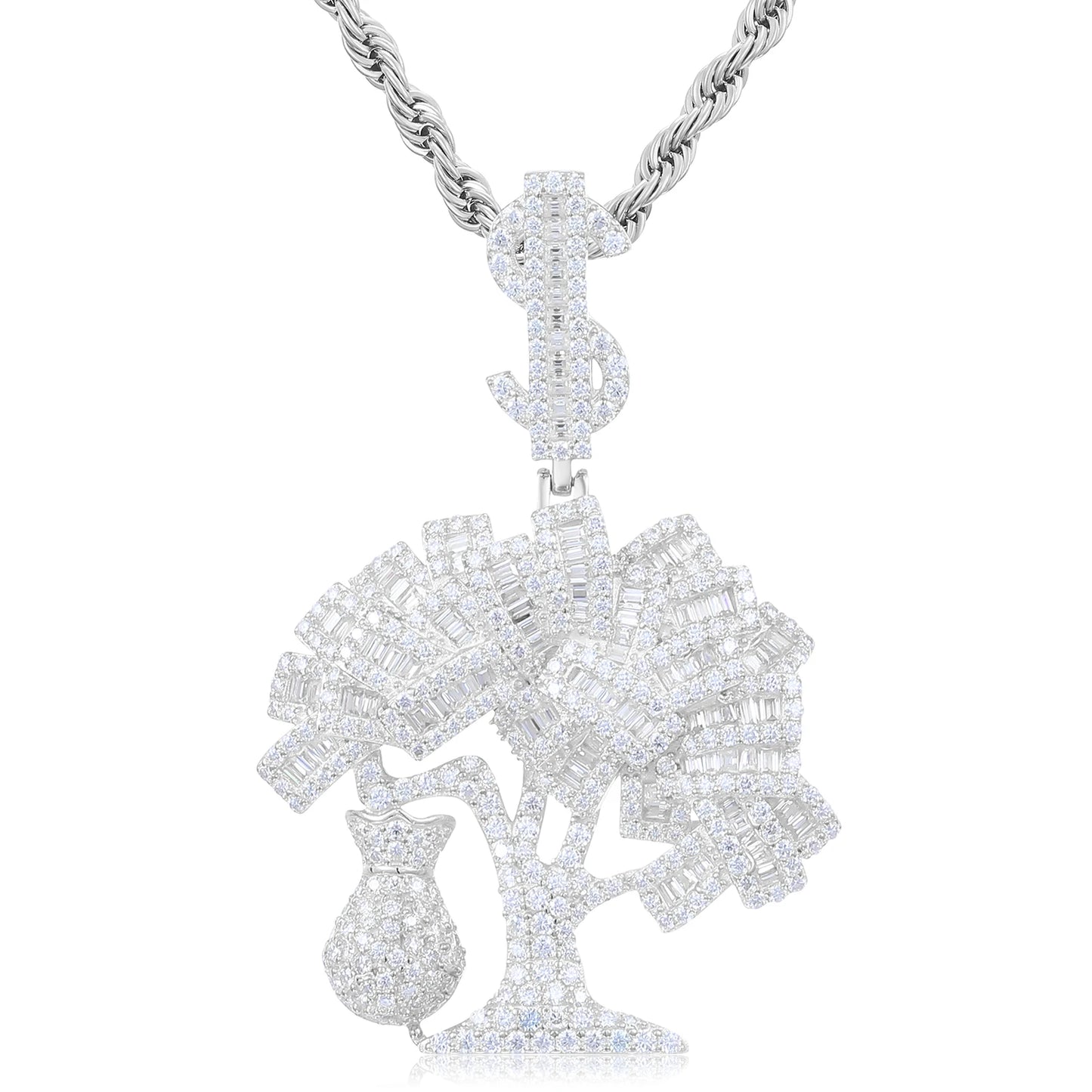 Dropshipping Hip Hop Mens 925 Sterling Silver VVS Baguette Moissanite Diamond Iced Out Dollar Tree Pendant with Money Bag Charm