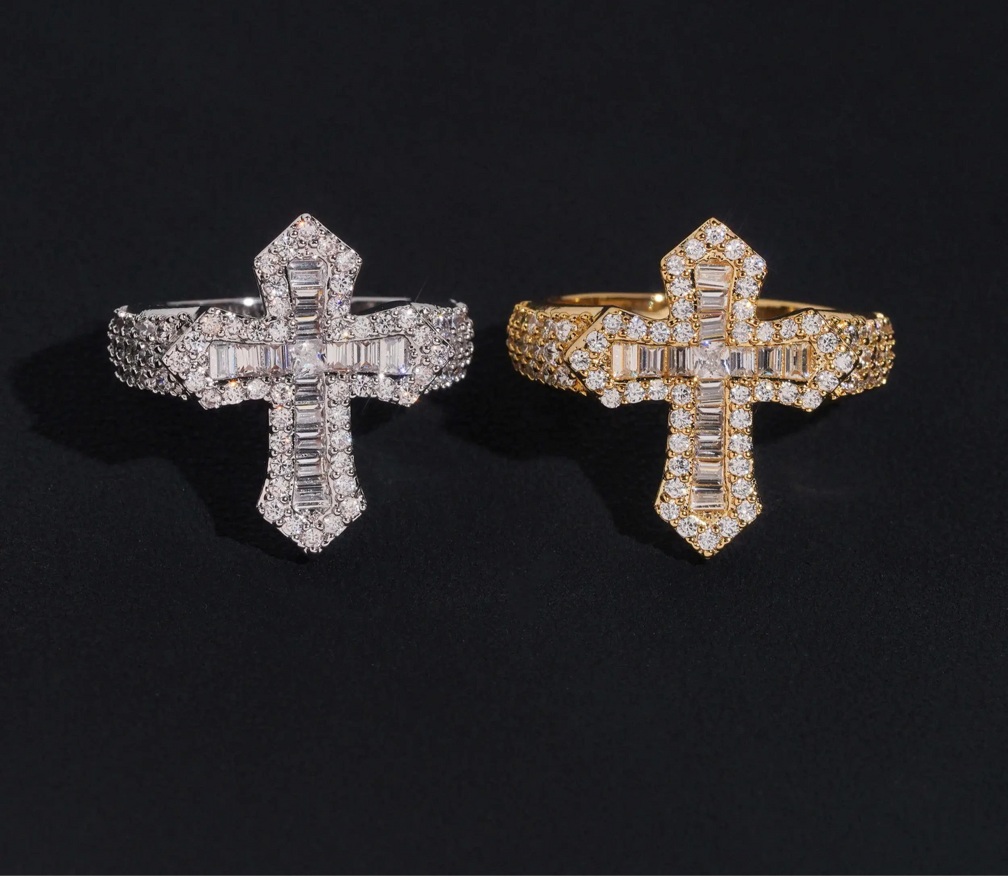 Cross Style Iced Out Baguette Moissanite Men Ring 925 Silver Plated Gold