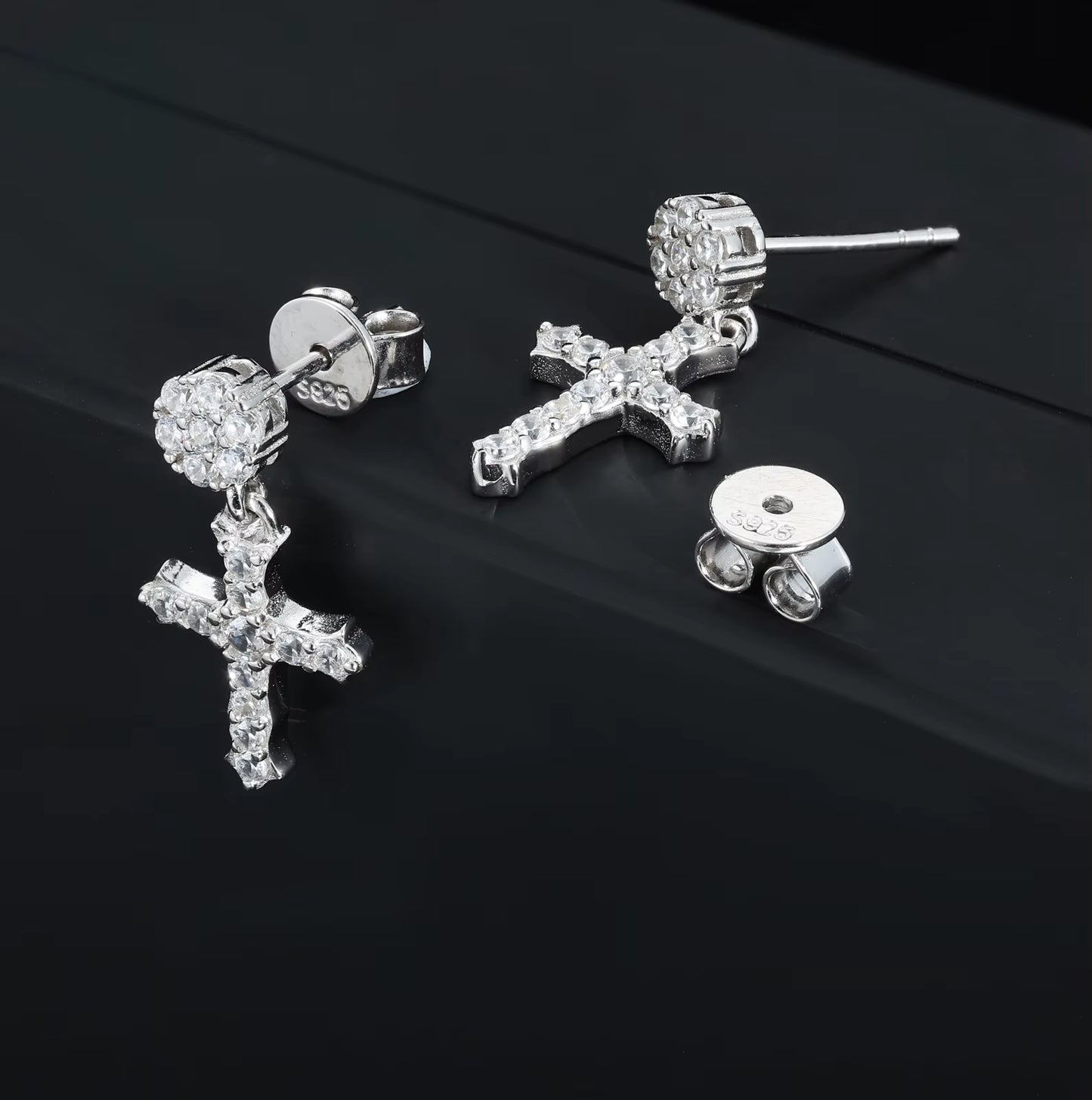 Push Back Ears 925 Silver VVS Moissanite Diamond Iced Out Cross Drop Earring with Flower Stud