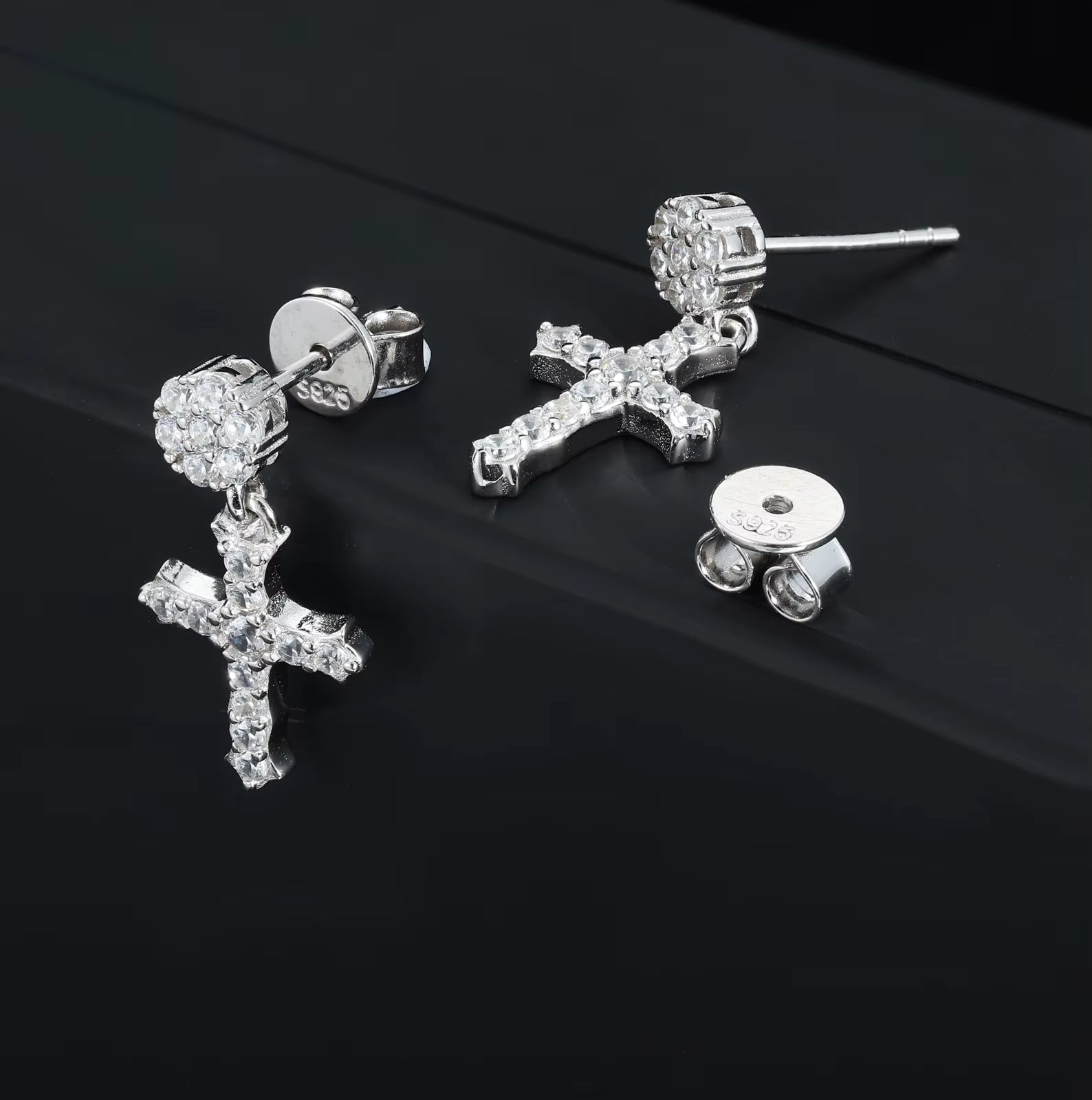 Push Back Ears 925 Silver VVS Moissanite Diamond Iced Out Cross Drop Earring with Flower Stud