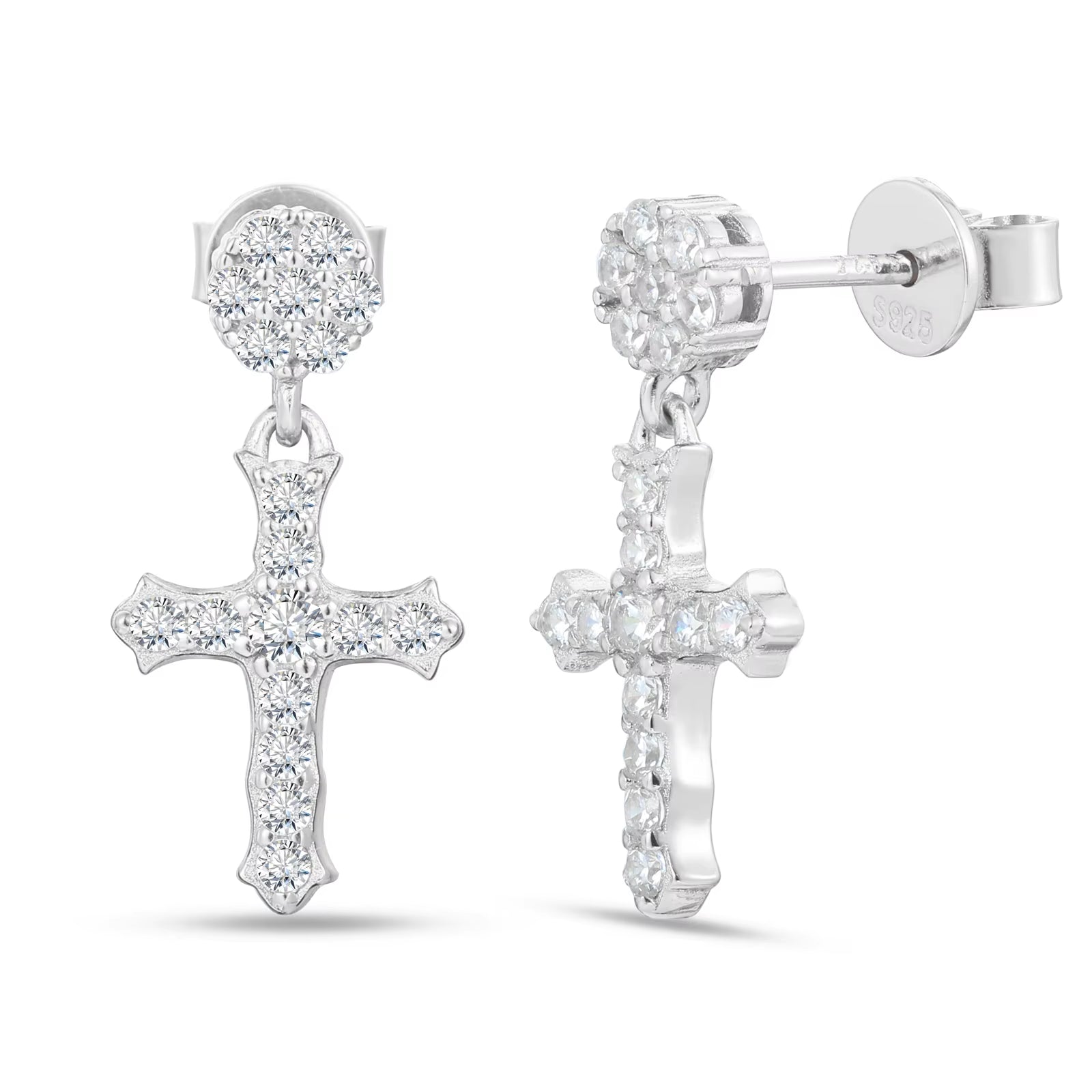 Push Back Ears 925 Silver VVS Moissanite Diamond Iced Out Cross Drop Earring with Flower Stud