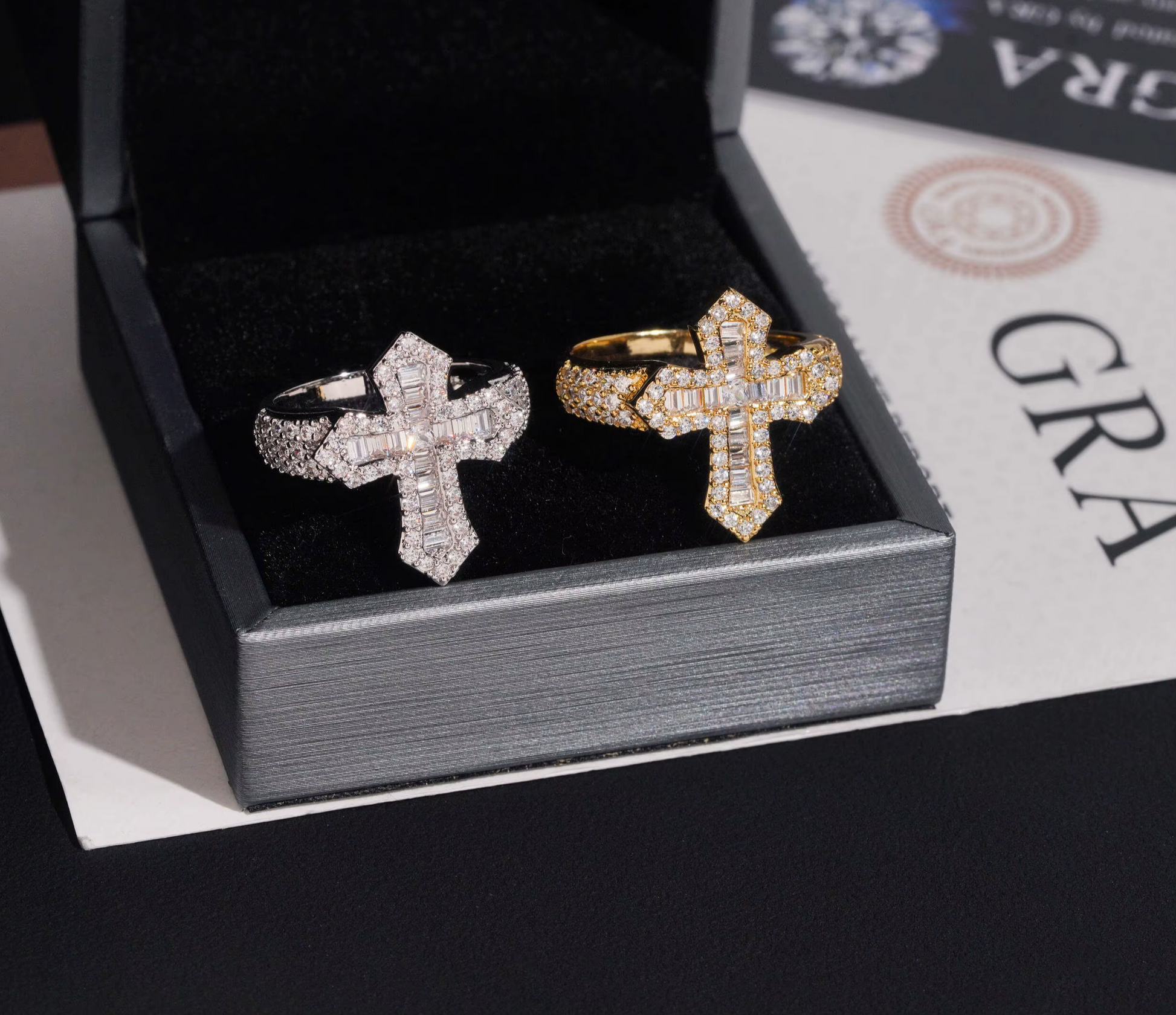  Cross Style Iced Out Baguette Moissanite Men Ring 925 Silver Plated Gold 
