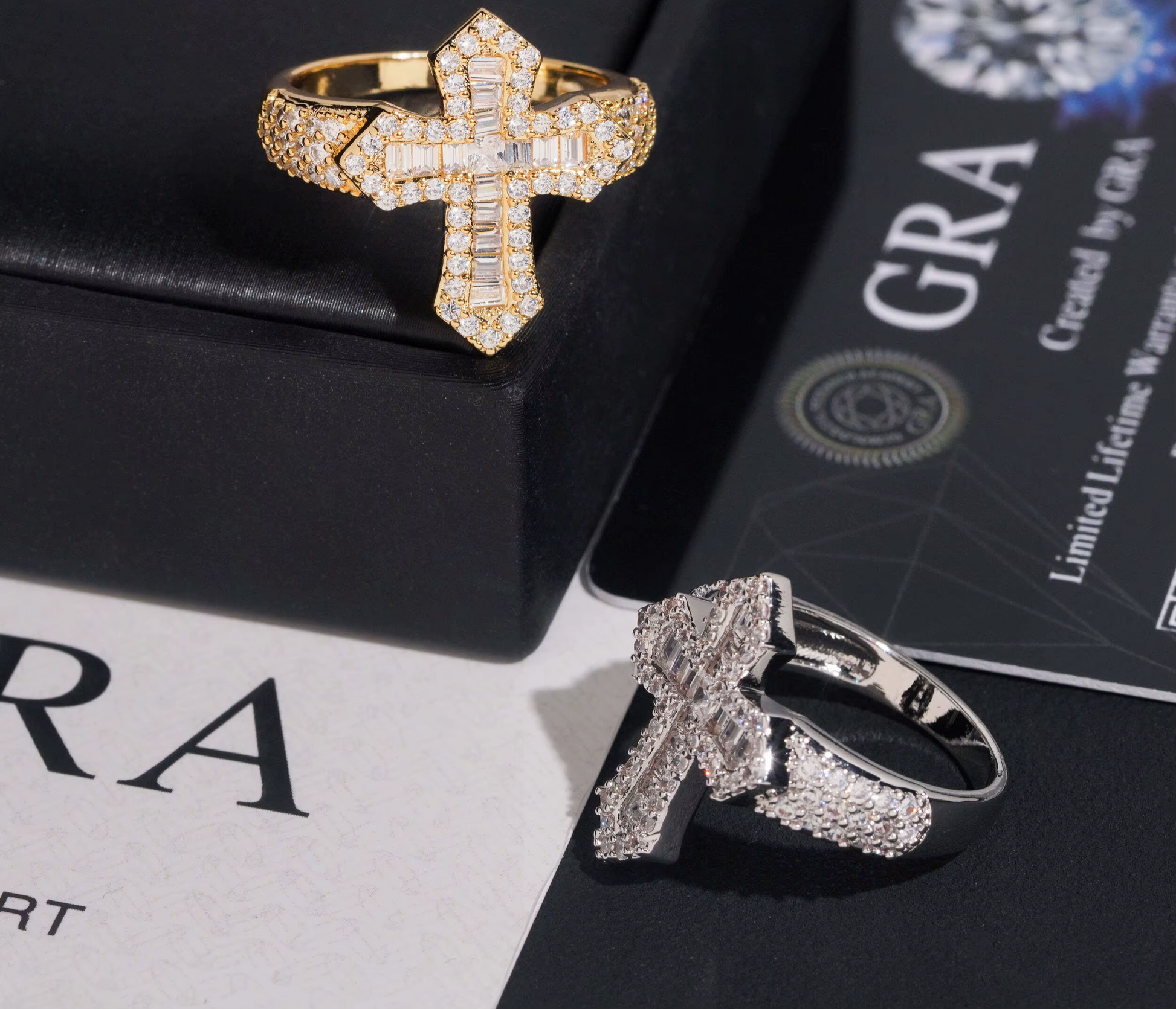  Cross Style Iced Out Baguette Moissanite Men Ring 925 Silver Plated Gold 