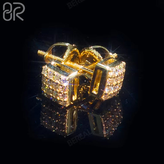 Factory Wholesale Price 10K 14K 18K Solid Gold Silver Earrings Square Iced Out Vvs Moissanite round Cut Diamond Fine Jewelry